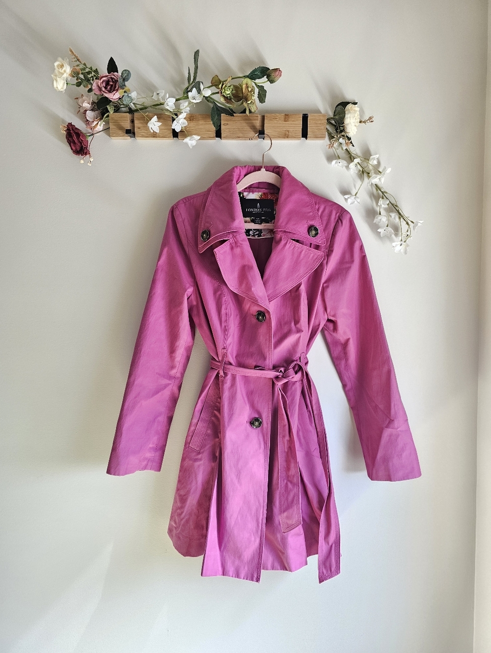 London Fog Pink Belted Button Up Trench Coat Double Collar Size S Cotton Blend